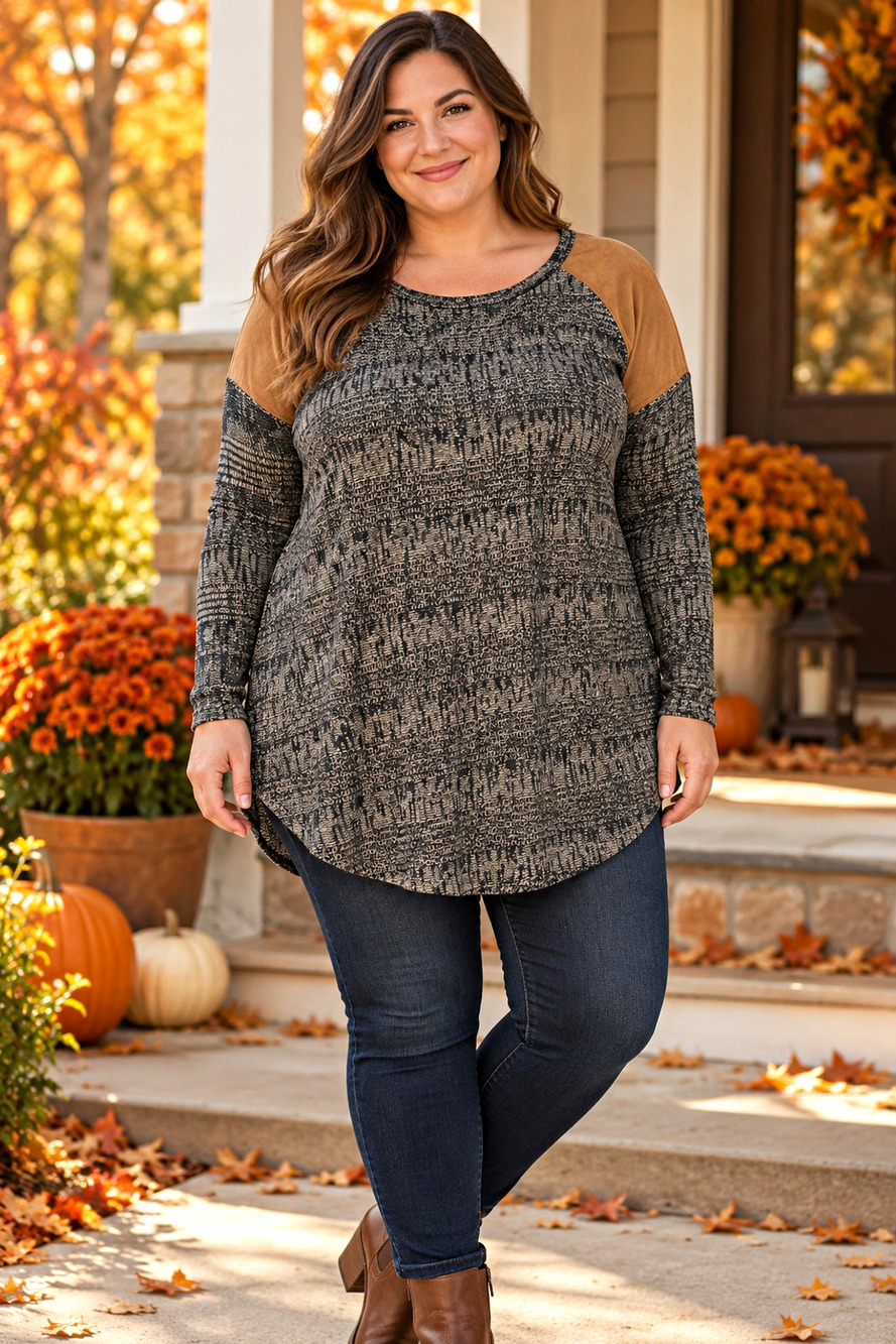 New Directions Weekend Womens XL Knit Tunic Top Black Tan Long Sleeve NWT